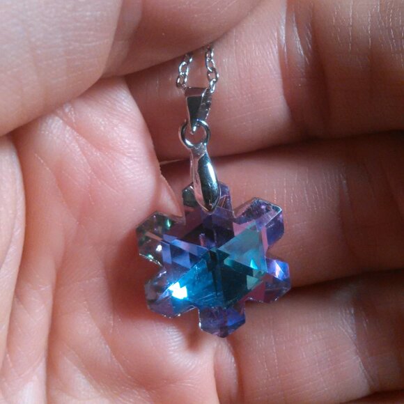 Mystic Color Crystal Snowflake Brass Pendant Stainless Steel Necklace - Picture 14 of 16